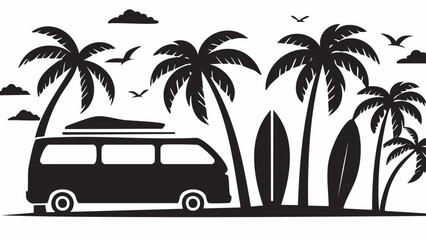 Tropical Beach and Surf Vector Set – Bold Black Silhouette Icons with Palm Trees, Waves, Surfboards, Van, and Flamingos

