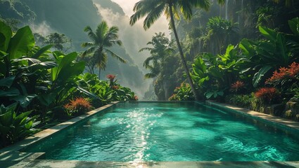 A stunning view of a tropical infinity pool overlooking a lush landscape.