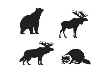 Black silhouettes of a bear two moose and a raccoon on a white background