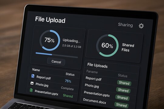 A laptop showing a file upload process, illustrating progress bars and file sharing status. The screen has dark theme