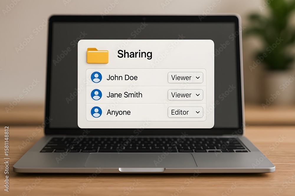 Poster laptop showing file sharing concept with user access options on wooden table