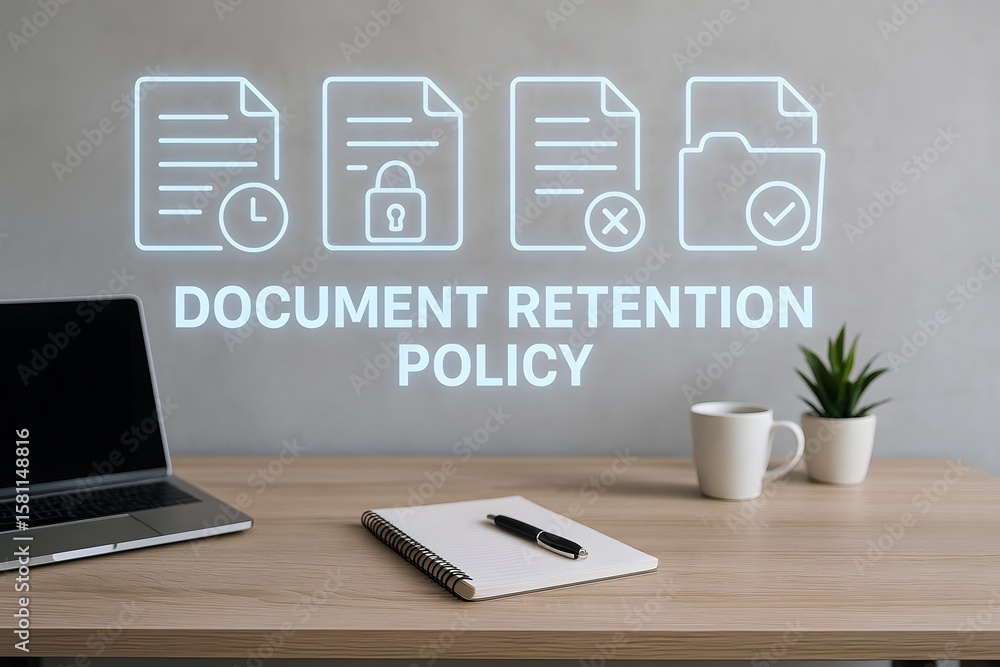 Poster document retention policy on a desk with laptop and office supplies. the image features icons repres