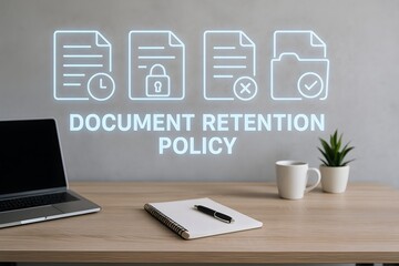 Document retention policy on a desk with laptop and office supplies.  The image features icons representing different stages of document management