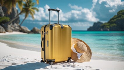 A yellow suitcase and sun hat sit on a tropical beach, ready for a summer vacation.