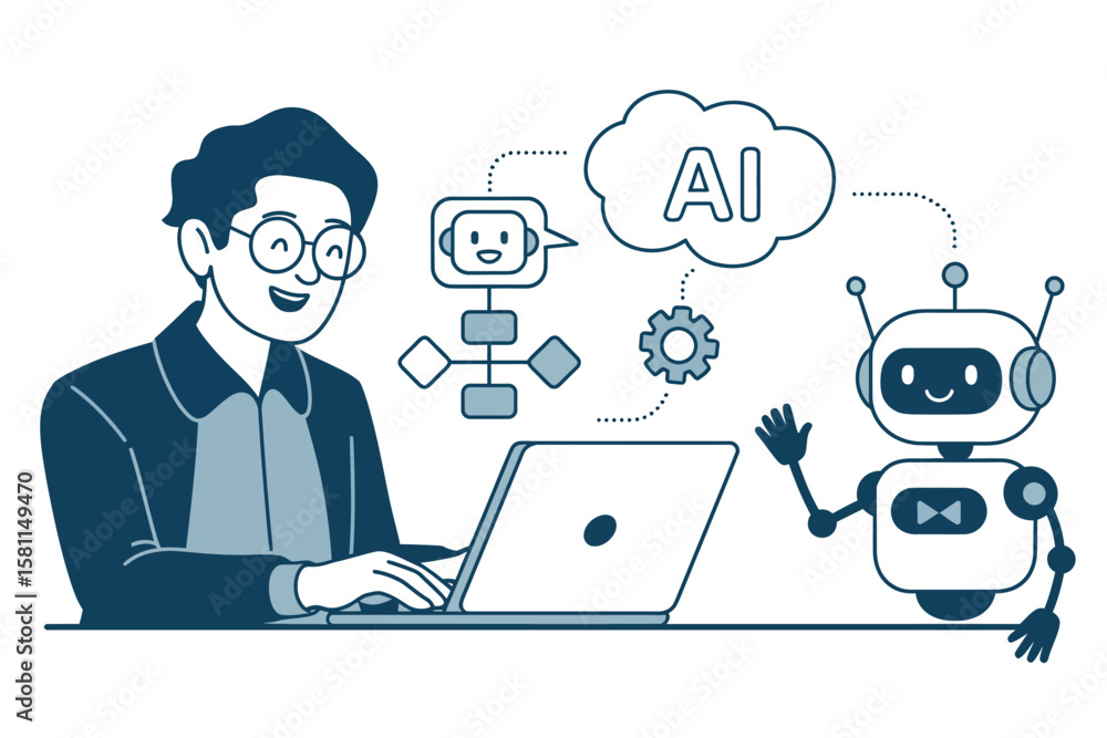 Aufkleber artificial intelligence development scene featuring engineer with laptop collaborating with smart ro