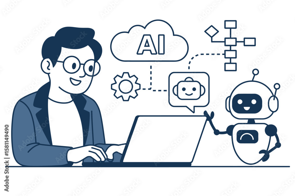 Poster ai development scene showing engineer with laptop, smart robot, chatbot icon, ai cloud, and workflow