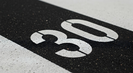 Close-up shot of a freshly painted thirty speed limit sign on a blacktop road marking