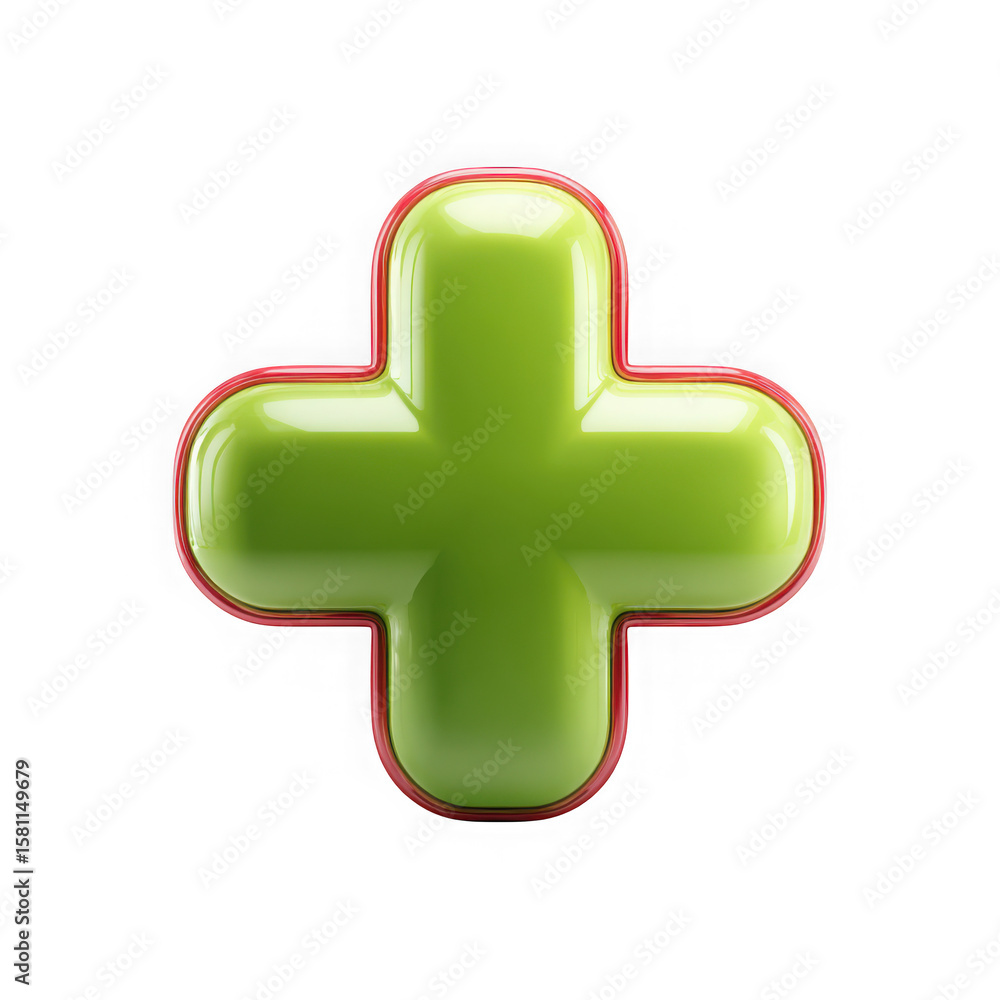 Poster glossy green plus symbol with red outline isolated on transparent background