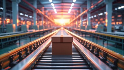 Fototapeta premium A cardboard box moves down a conveyor belt in a bright, spacious warehouse, symbolizing delivery.