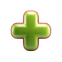 Obraz premium Glossy green plus symbol with red outline isolated on transparent background