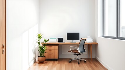 Minimalist office corner with wooden accents and a potted plant, illuminated by soft natural light.