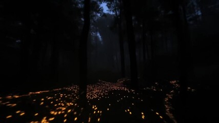 Dark forest illuminated by glowing fireflies at dusk - Powered by Adobe