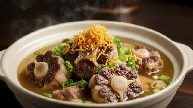 Hot Steaming Oxtail Soup with Garnish in a Ceramic Bowl on a Wooden Table Closeup