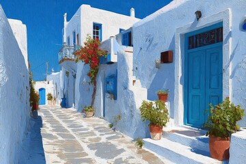 A picturesque street scene in a Greek village, featuring whitewashed houses, vibrant bougainvillea, and a bright blue door.