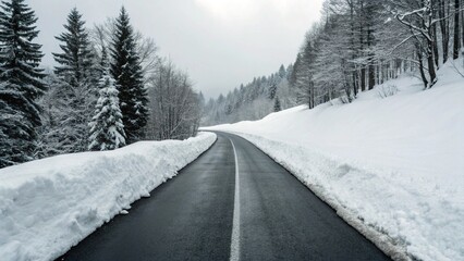 Fototapeta premium A clear asphalt road stretches into the distance, flanked by deep banks of pristine white snow and snow-covered trees under a winter sky, evoking a sense of peaceful journey
