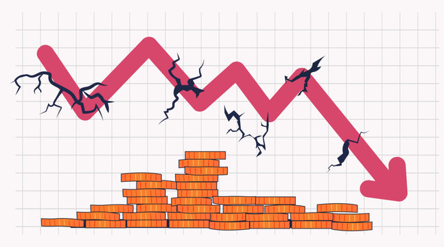 Falling red arrow financial crisis concept cracked line graph stacks of coins grid background economic recession downturn chart template