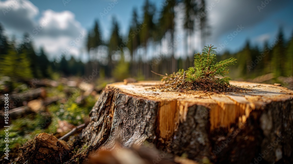 Poster a small fern grows atop a freshly cut tree stump, surrounded by fallen logs and lush greenery in a f