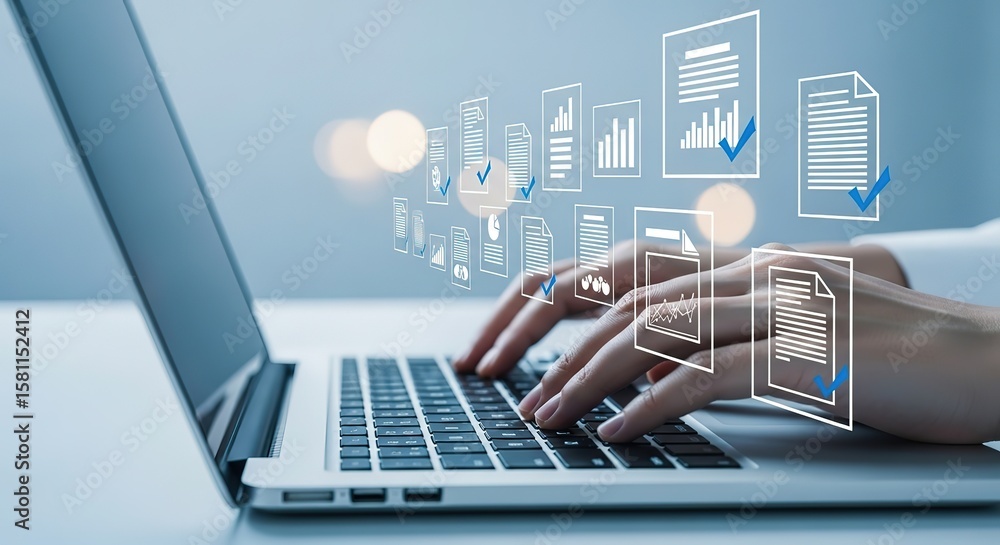 Poster hands typing on a laptop with digital documents and charts appearing as holographic projections abov