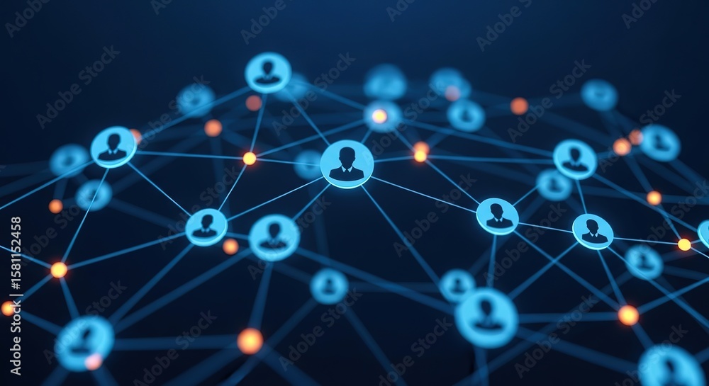 Poster abstract digital network connecting people icons with glowing nodes on a dark blue background