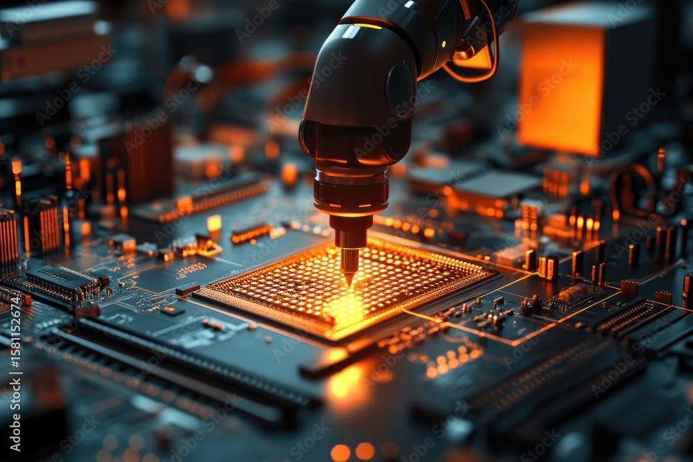 Fototapete close-up of robotic arm installing a cpu on a circuit board. bright orange glow highlights the compo