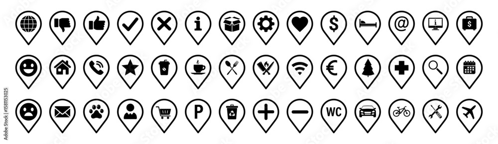 Poster a black-and-white set of vector icons shaped like map markers (pins) with various symbols inside, co