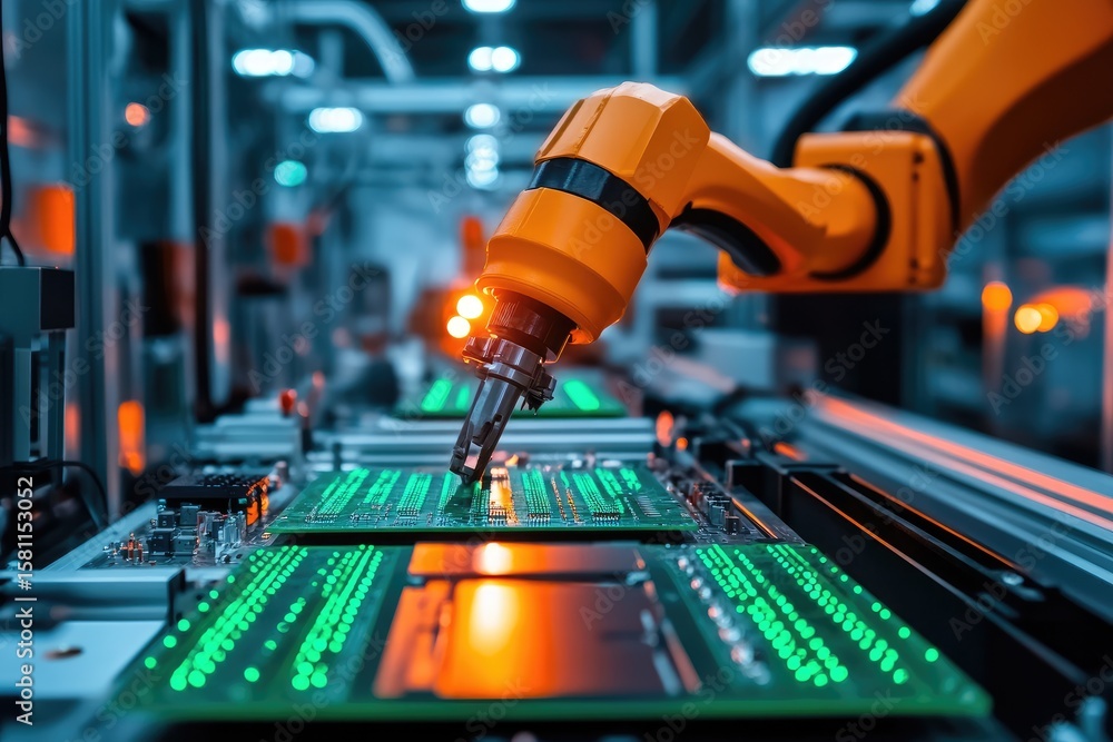 Aufkleber automated assembly line, robotic arm placing components on circuit boards