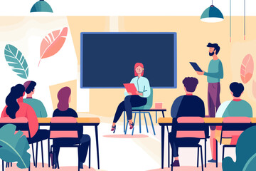 Students in the classroom attentively listening to the instructor, focused and engaged, during a learning session, educational background