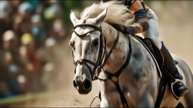 Equestrian rider in motion on a beautiful gray horse during an outdoor competition event