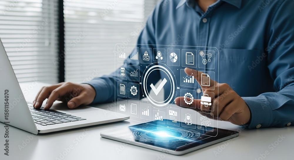 Poster businessman interacting with a digital interface displaying business analytics and workflow icons on