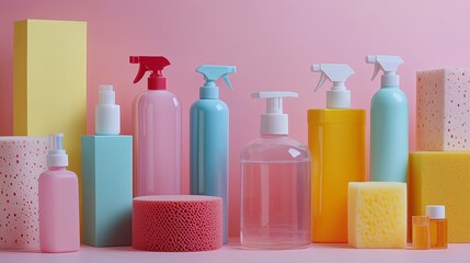 Colorful collection of various cleaning products and sponges arranged artistically on a pink background, showcasing vibrant packaging and textures, ideal for home cleaning and organization themes
