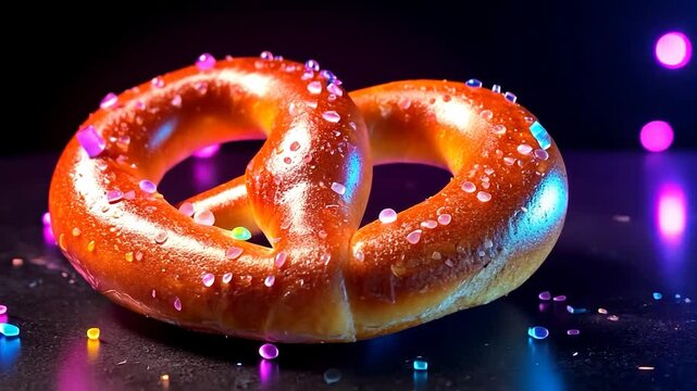 Colorful neon pretzel glowing against a dark background	
