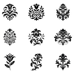 Elegant black floral damask ornament collection for decorative design elements and vintage aesthetic