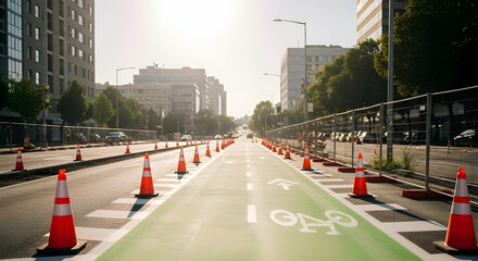 Cycling path construction in the city during the day with traffic cones marking the lane