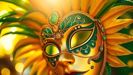Golden-green feathered carnival mask with gemstones, representing Brazil Independence Day's festive luxury.