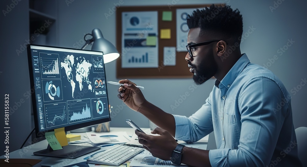 Poster focused black man analyzing global data trends on computer screen with stylus and smartphone