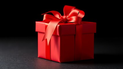 Obraz premium A red gift box with a satin ribbon bow, close-up shot against a dark background.