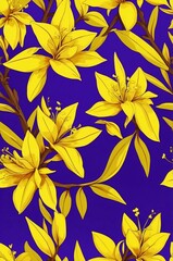 Fototapeta premium Forsythia on purple background cartoonish seamless pattern