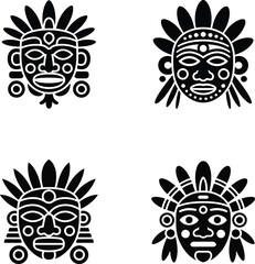 Set of stylized black and white tribal masks depicting cultural symbols and rituals