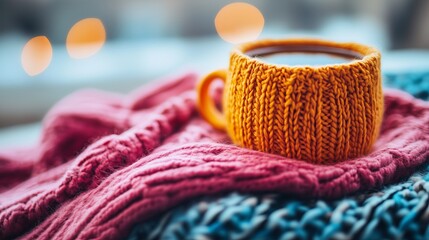Cozy yellow knitted mug resting on a vibrant pink blanket, surrounded by soft textures and warm ambiance, inviting a sense of comfort and relaxation during chilly days