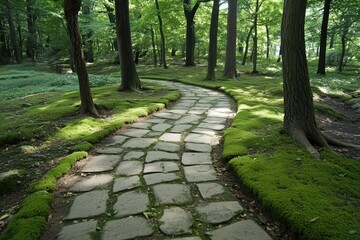 Naklejka premium Moss-covered stone path winding through ancient forest