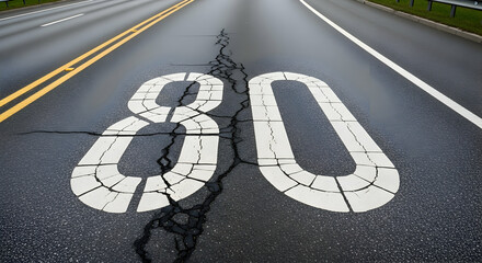 Cracked asphalt road with speed limit eighty sign showing road maintenance issues
