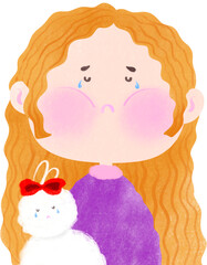 Sad Cartoon Girl and Bunny doll in hand – Cute Emotional Illustration