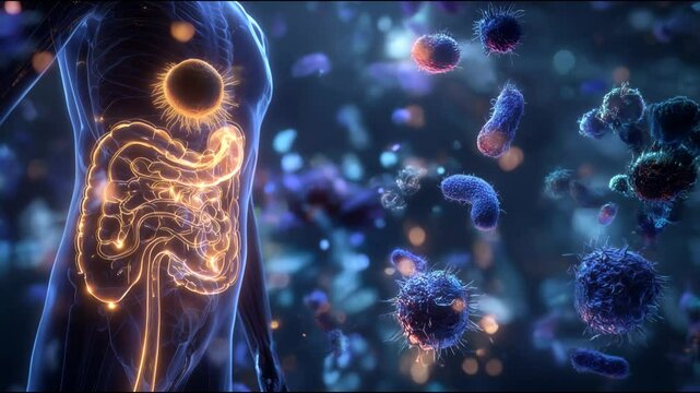 Exploring the intricate interaction between bacteria and the human digestive system in a vibrant, detailed representation of microbiome activity

