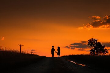 Obraz premium Children Holding Hands at Sunset.