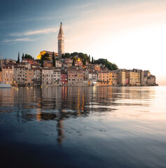 Rovinj Old Town at Sunset – Coastal View with Church of St. Euphemia and Colourful Houses...