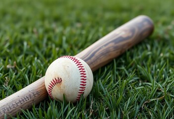 A worn baseball bat rests beside a leather baseball on a lush green field, nature, activity