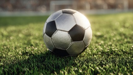 Fototapeta premium Soccer ball on green field under stadium lights. AI image