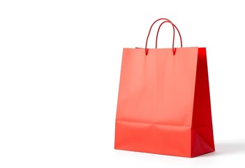 A vibrant red paper shopping bag, crisply folded, stands alone against a pure white background,   promotional,  texture
