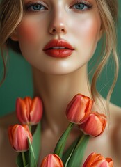 Close-up portrait of a young woman with striking features, holding vibrant orange tulips, showcasing natural beauty and elegance against a soft green background, emphasizing floral connection and femi