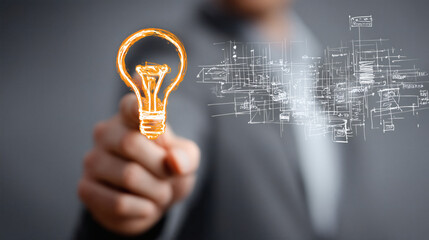 Persona señalando bombilla digital como símbolo de idea e innovación